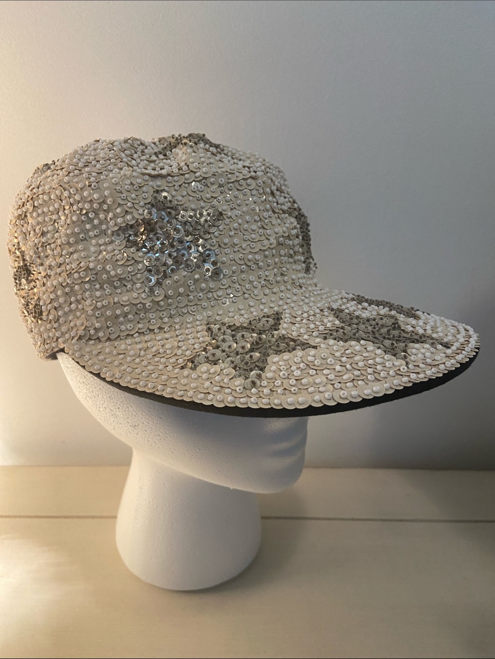 Handmade Ivory & Silver Star Matte Sequin Baseball Hat One Size Festive